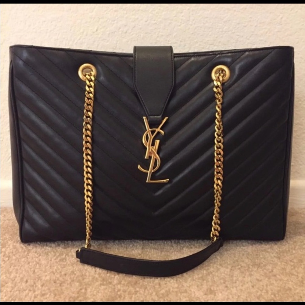 Saint Laurent Black Matelasse Leather Cassandre Shopper Tote